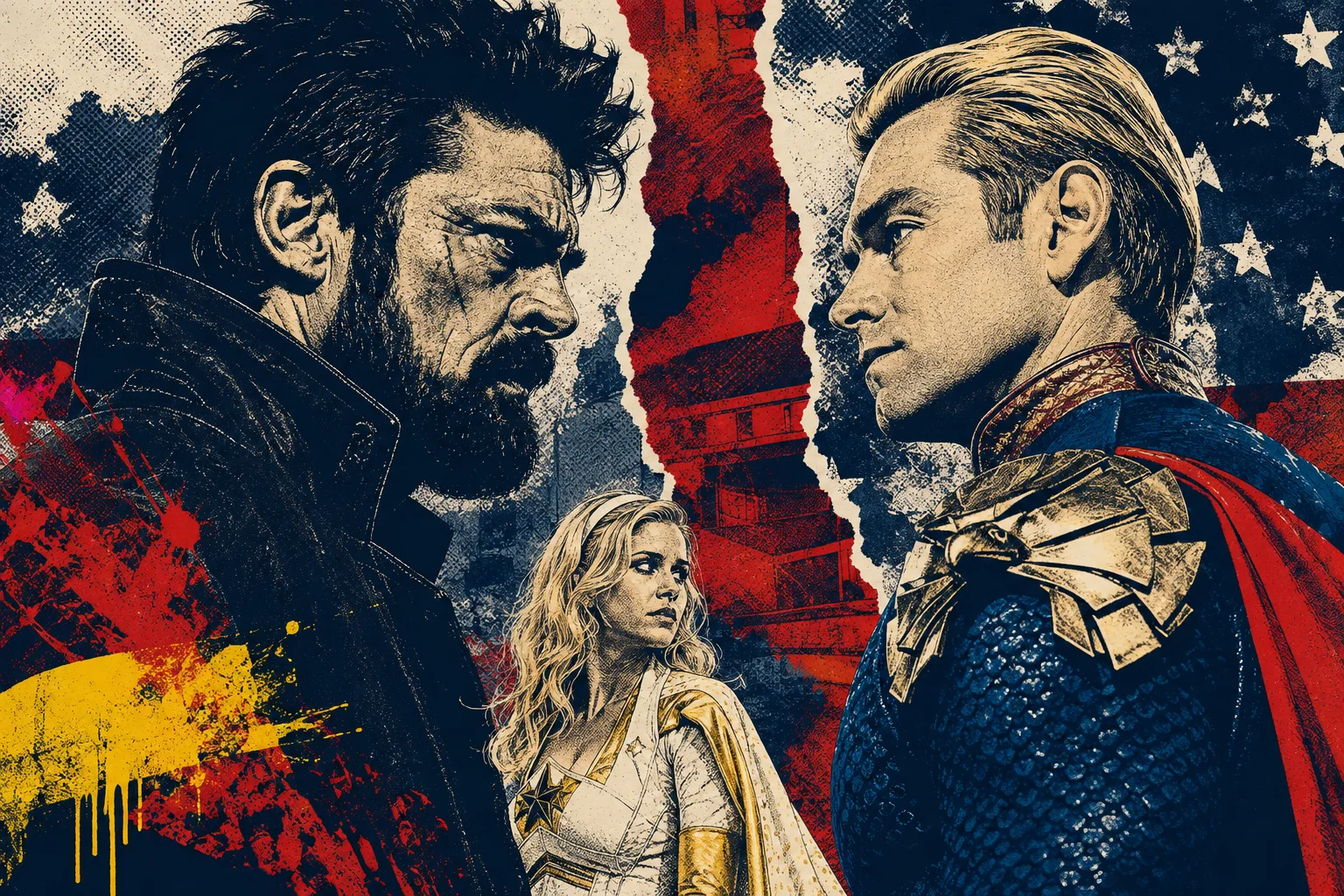 Original halftone fan illustration of Billy Butcher facing Homelander, with Starlight between them