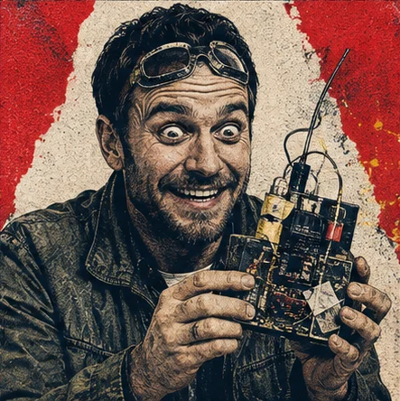 Frenchie happily holding an elaborate homemade electronic gadget